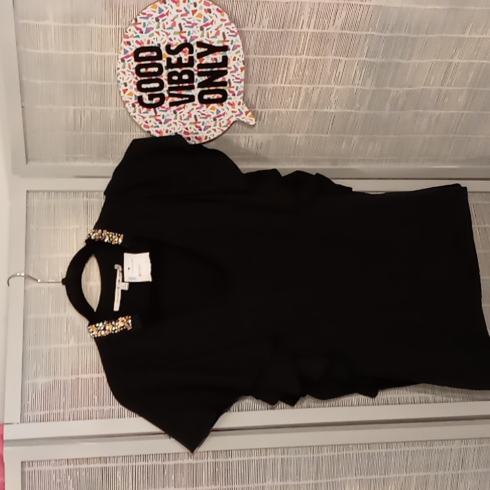 Semi Dressy Sequined Collar Black Top